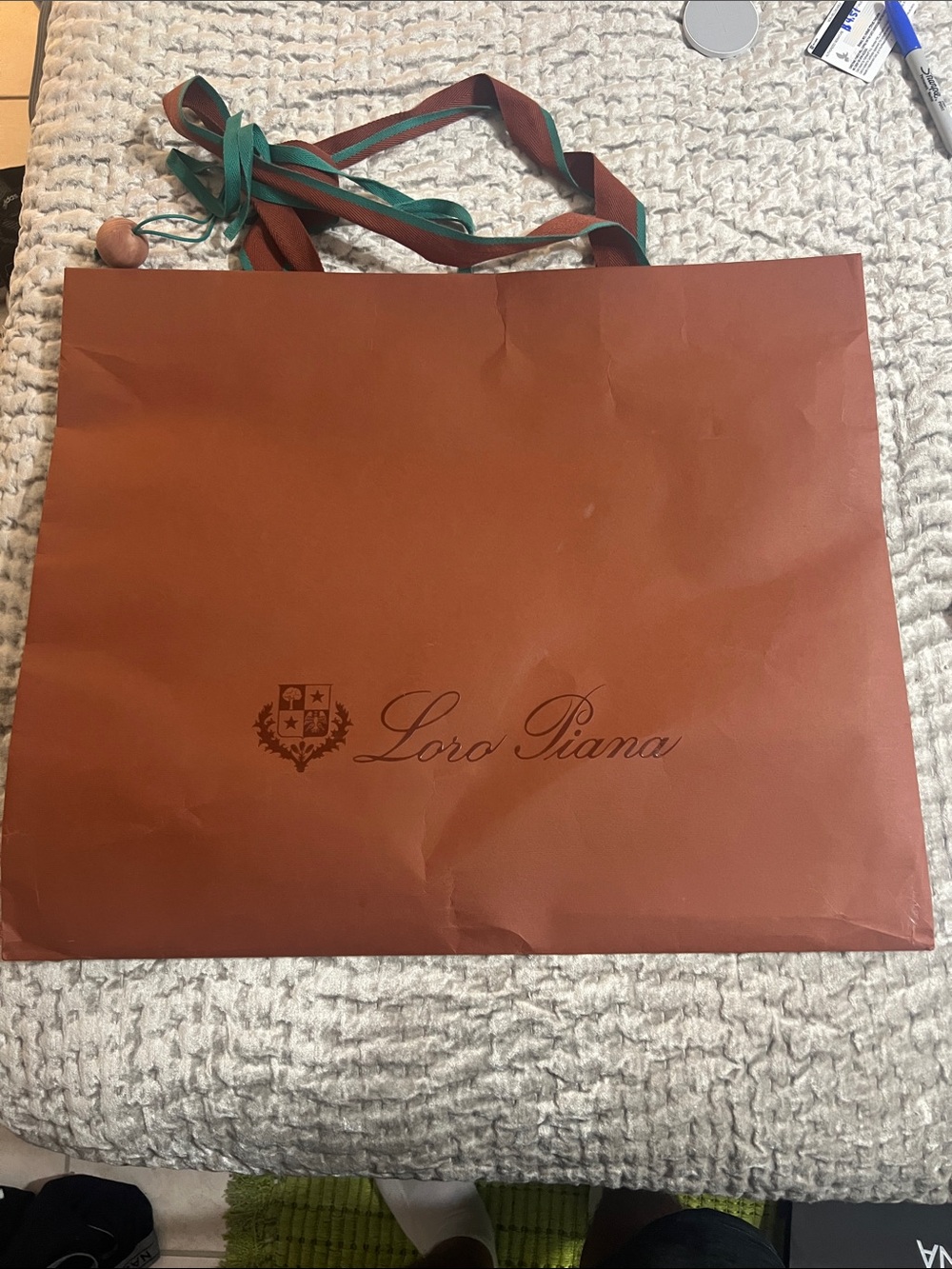 Loro Piana Rust Shopping Bag with Green Ribbon Handles